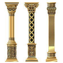 Set Of Golden Decorative Columns In Oriental Style