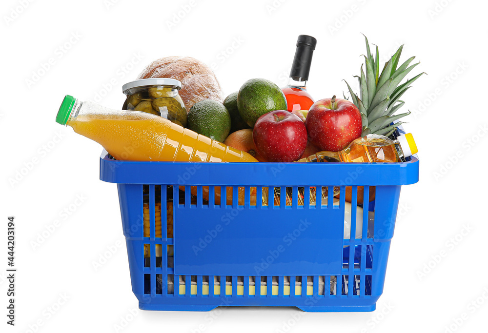 Shopping basket with food on white background