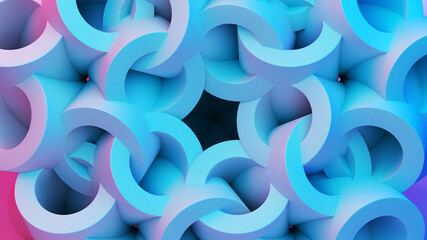 Poster - Scientific or technology abstractions with rings flying in surreal symmetric structure. Abstract background with purple and blue neon tech structure. 3D illustration