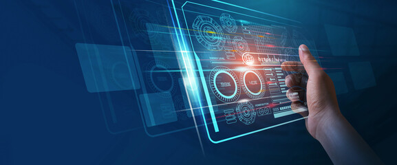 Digital of Virtual marketing with Hand holding structure networking on interface online. Investment data graph on dark background. 3D illustrations.