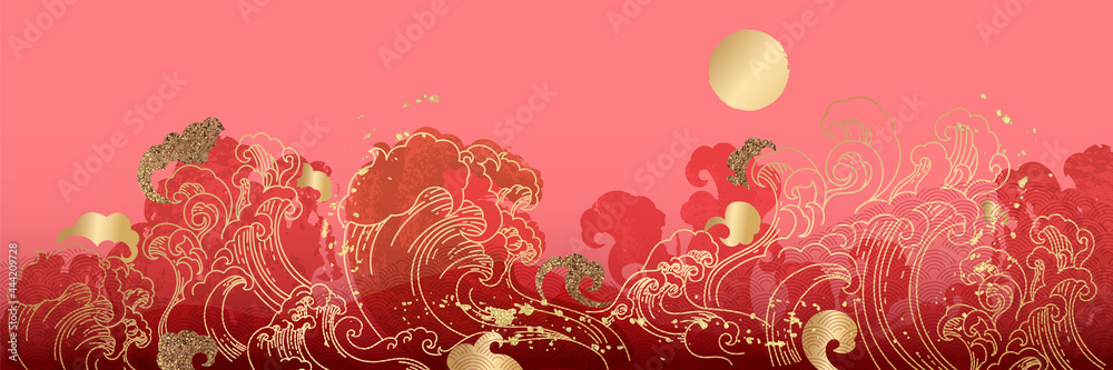 Asian background ,Oriental Chinese and Japanese style abstract pattern background design  with goldfish and wave decorate in water color texture - obrazy, fototapety, plakaty 