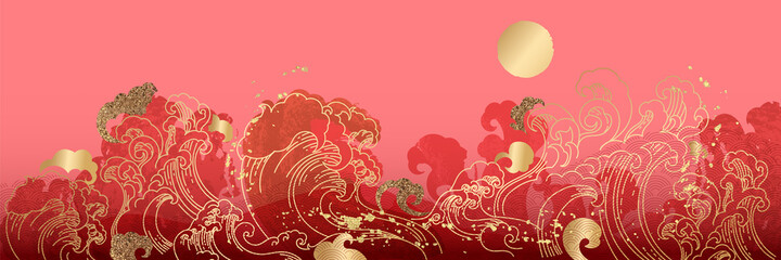 Asian background ,Oriental Chinese and Japanese style abstract pattern background design  with goldfish and wave decorate in water color texture