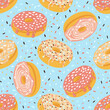 Sweet donuts seamless pattern in glaze and sprinkles. Cartoon vector illustration