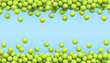 © 3d_kot - Many flying green tennis balls arranged in two lines with empty space for your content. Realistic vector background