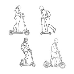 Wall Mural - Continuous line woman rides an electric scooter with raised leg