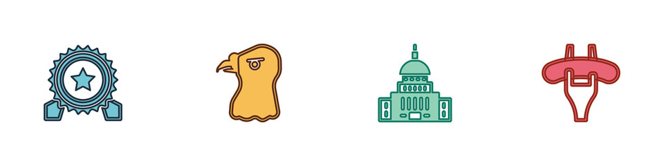 Sticker - Set Medal with star, Eagle head, White House and Sausage on the fork icon. Vector