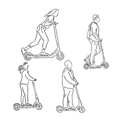 Wall Mural - Continuous line woman rides an electric scooter with raised leg