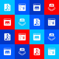 Sticker - Set Flowchart, Software, Search engine and Processor with microcircuits CPU icon. Vector