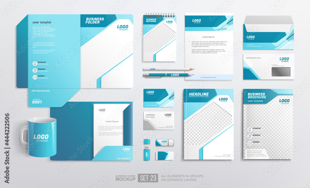 Mockup set of office stationery Corporate Brand Identity. Business stationery. Light blue and white color abstract geometric graphics on Folder, annual report cover, brochure, corporate mug - obrazy, fototapety, plakaty 