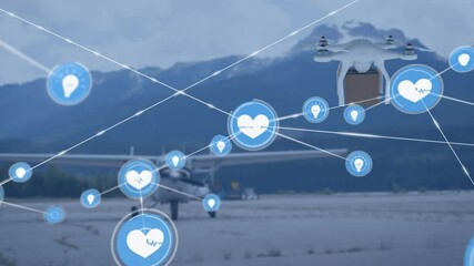 Poster - Animation of network of connections with icons over drone carrying parcel