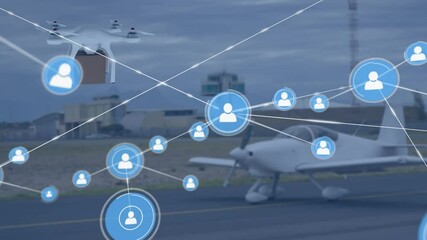 Poster - Animation of network of connections with icons over drone carrying parcel