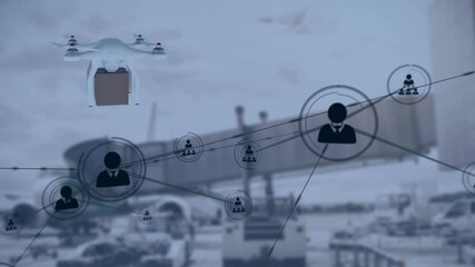 Poster - Animation of network of connections with icons over drone carrying parcel