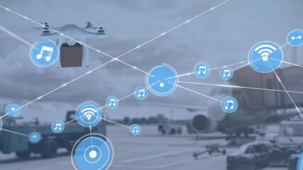 Poster - Animation of network of connections with icons over drone carrying parcel