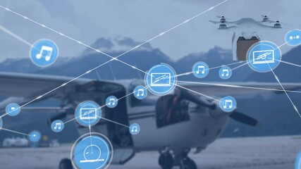 Poster - Animation of network of connections with icons over drone carrying parcel