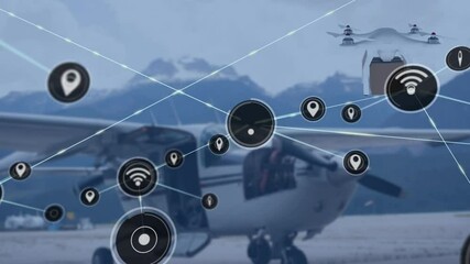 Poster - Animation of network of connections with icons over drone carrying parcel