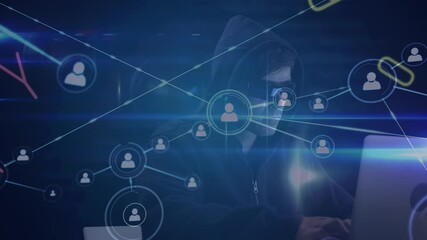 Poster - Animation of network of connections with hacker with laptop