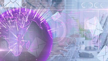 Poster - Animation of globe with icons and data processing over business people wearing phone headsets