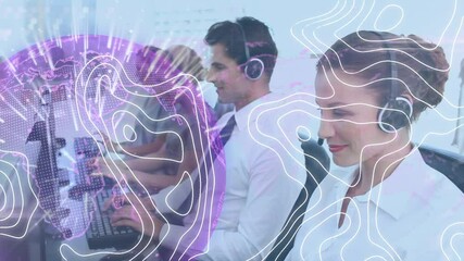 Poster - Animation of globe and lines map over business people wearing phone headsets