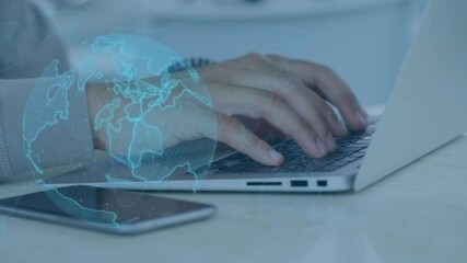 Poster - Animation of globe spinning over man using laptop and smartphone