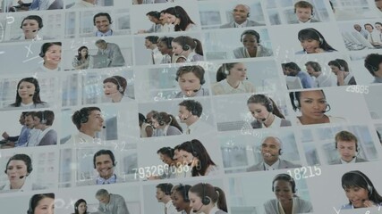 Poster - Animation of changing numbers over business people wearing phone headsets
