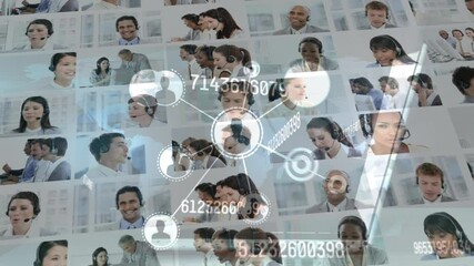 Poster - Animation of networks of connections with icons over business people wearing phone headsets