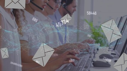 Poster - Animation of networks of connections with icons over business people wearing phone headsets