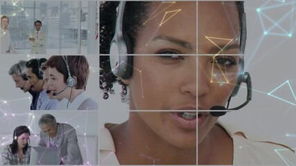 Poster - Animation of networks of connections over business people wearing phone headsets