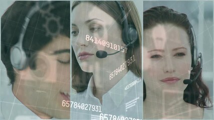 Poster - Animation of data processing over business people wearing phone headsets