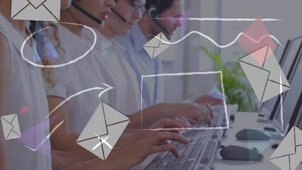 Poster - Animation of shapes and icons over business people wearing phone headsets