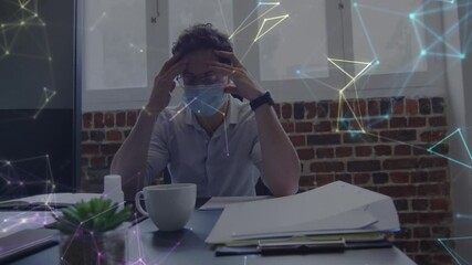 Sticker - Animation of networks of connections over businessman in face mask in office