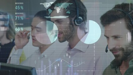 Poster - Animation of statistics recording over business people using phone headsets