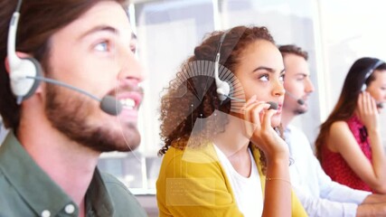 Poster - Animation of digital interface over business people wearing phone headsets