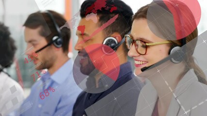 Poster - Animation of statistics and data processing over business people wearing phone headsets