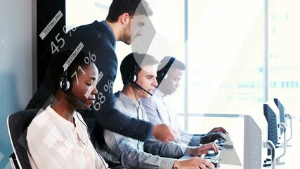 Poster - Animation of statistics and data processing over business people wearing phone headsets