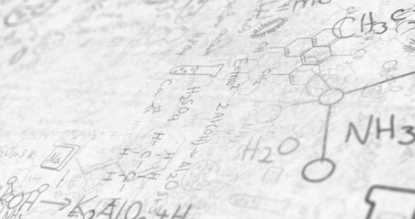 Digital image of chemical structures and diagrams moving against white background