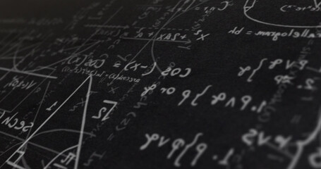Digital image of mathematical equations and diagrams moving against black background