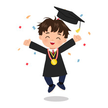 Cute Boy Celebrates Graduation With Confetti. School Clip Art. Flat Vector Cartoon Design