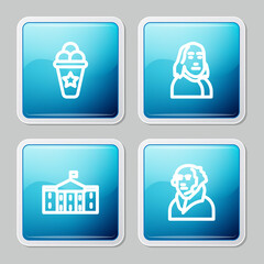 Sticker - Set line Ice cream in waffle cone, Benjamin Franklin, United States Capitol Congress and George Washington icon. Vector