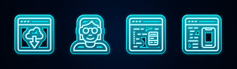 Set line Cloud technology data transfer, Hacker or coder, Software and . Glowing neon icon. Vector