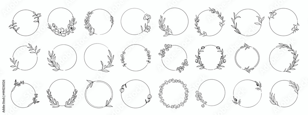 Laurels frames branches with circle borders vector collection. Vintage floral wreaths with leaves , flower, herb, swirls, ornate. Decorative elements for logo, wedding invitation, banner, packaging - obrazy, fototapety, plakaty 