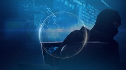 Poster - Animation of globe and networks of connections over hacker with laptop