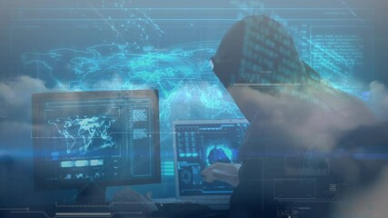 Poster - Animation of globe of networks of connections over hacker using computer