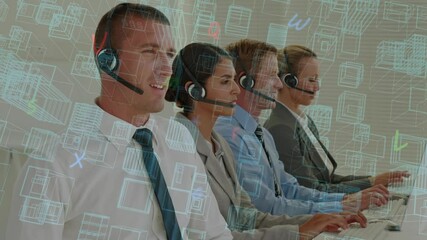 Poster - Animation of city plan with letters over business people wearing phone headsets