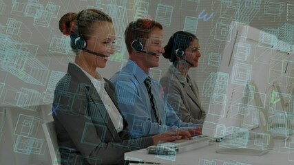 Poster - Animation of city plan with letters over business people wearing phone headsets