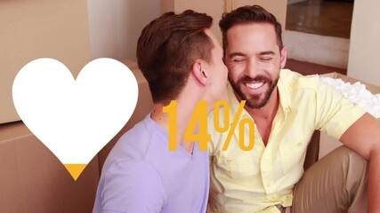 Poster - Animation of heart icon filling yellow and rising percentage, over gay male couple unpacking kissing