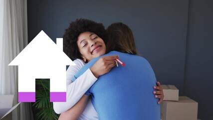 Poster - Animation of house icon filling pink, over happy couple with house keys embracing