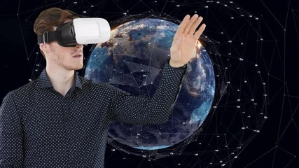 Poster - Animation of clock and statistics processing over man using vr headset