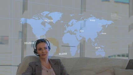 Poster - Animation of statistics and data processing over businesswoman wearing phone headset