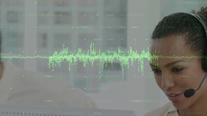 Poster - Animation of statistics and data processing over businesswoman wearing phone headset