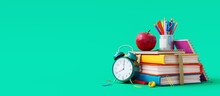 School Accessories With Apple, Books And Alarm Clock On Green Background. Back To School Concept. 3D Rendering, 3D Illustration